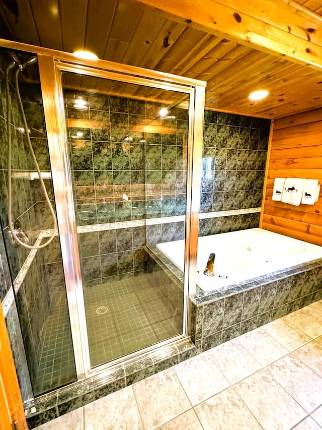 35918 410th Ave SE, Queen Twp, MN 56542 - full bathroom with a jetted tub, wood ceiling, tile patterned floors, and a shower stall