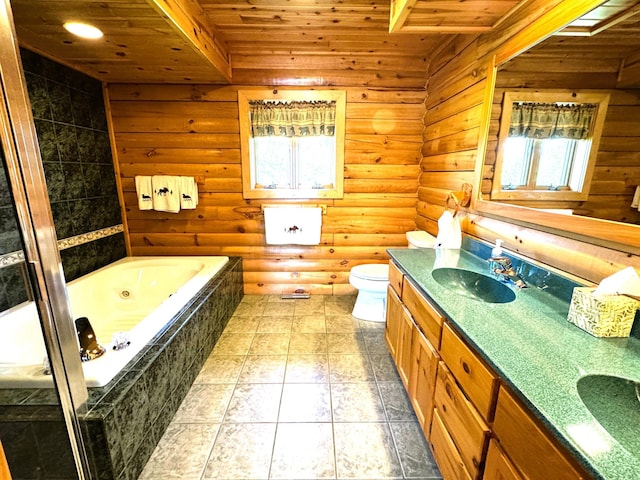 35918 410th Ave SE, Queen Twp, MN 56542 - bathroom featuring wooden ceiling, rustic walls, double vanity, a jetted tub, and toilet