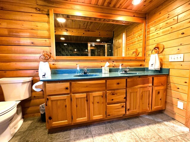 35918 410th Ave SE, Queen Twp, MN 56542 - full bath featuring wooden ceiling, toilet, double vanity, a shower with shower door, and wood walls