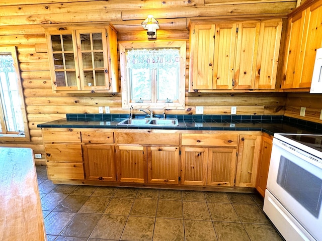 35918 410th Ave SE, Queen Twp, MN 56542 - kitchen featuring white electric stove, a sink, rustic walls, glass insert cabinets, and tile countertops