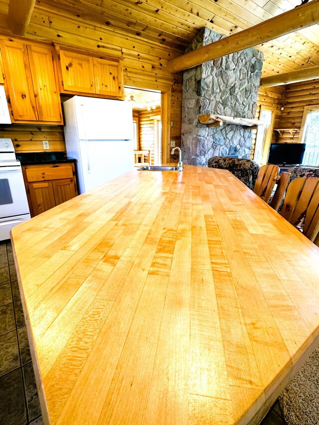 35918 410th Ave SE, Queen Twp, MN 56542 - kitchen featuring white appliances, wooden ceiling, wood counters, rustic walls, and a sink