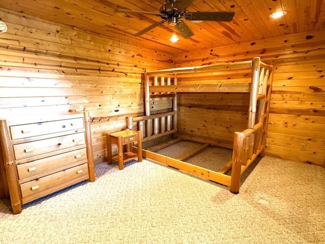 35918 410th Ave SE, Queen Twp, MN 56542 - carpeted bedroom with wood ceiling, wooden walls, and recessed lighting