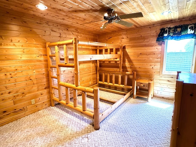 35918 410th Ave SE, Queen Twp, MN 56542 - unfurnished bedroom with carpet flooring, wooden ceiling, and wooden walls