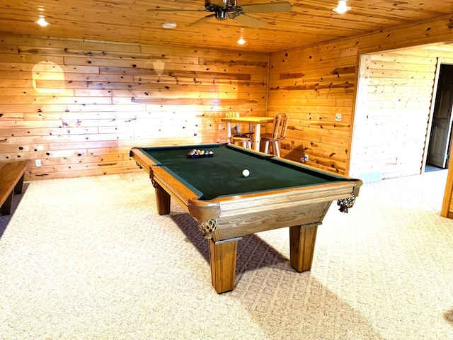 35918 410th Ave SE, Queen Twp, MN 56542 - playroom with carpet floors, a ceiling fan, wooden ceiling, pool table, and wooden walls