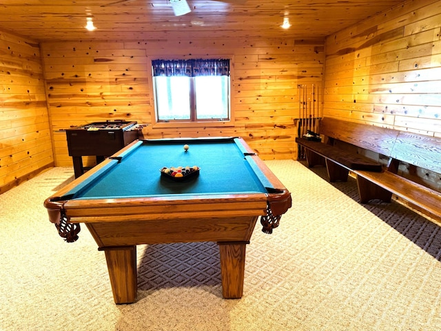 35918 410th Ave SE, Queen Twp, MN 56542 - game room featuring wooden ceiling, carpet flooring, wood walls, and billiards