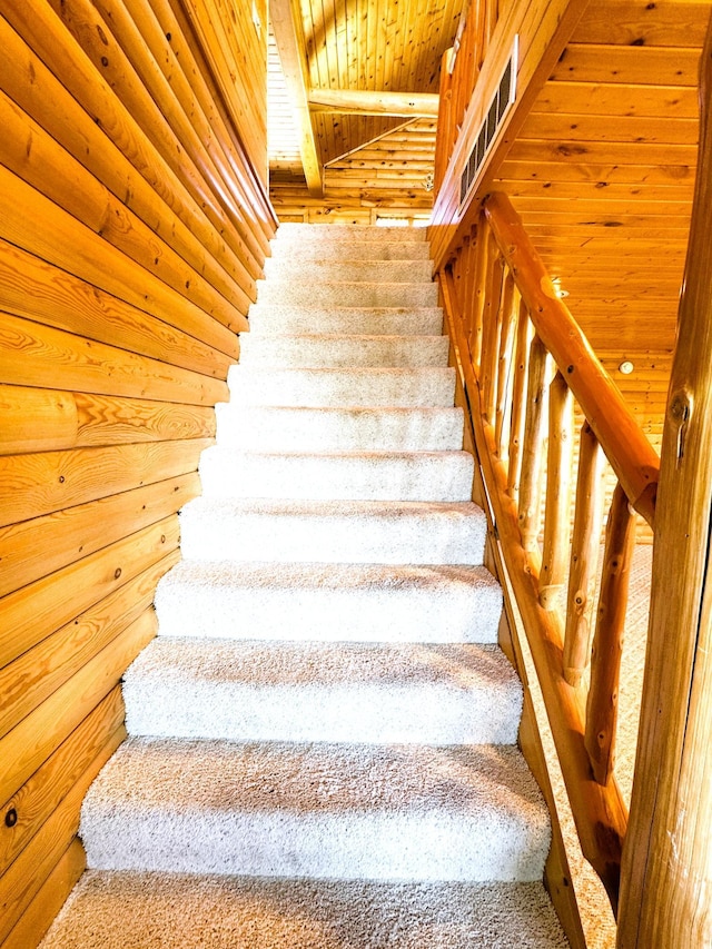 35918 410th Ave SE, Queen Twp, MN 56542 - staircase featuring wood ceiling and log walls