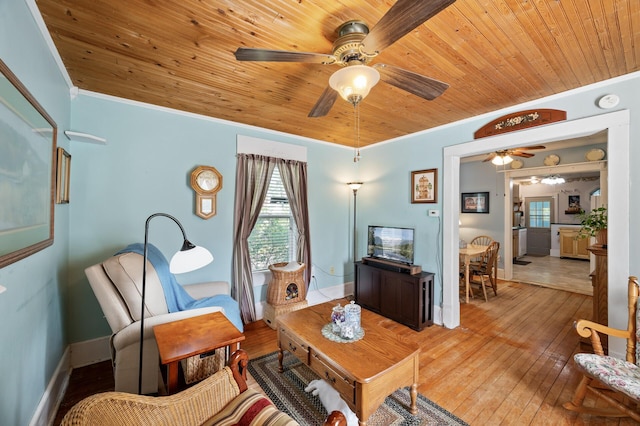 living room with a ceiling fan, wood ceiling, crown molding, plenty of natural light, and hardwood / wood-style floors