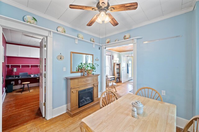 dining space featuring ceiling fan, an office area, light wood-type flooring, ornamental molding, and a fireplace with raised hearth