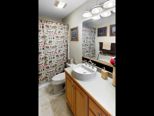 9386 Jennifer Ct, Chisago Lake Twp, MN 55013 - bathroom featuring toilet, vanity, curtained shower, and tile patterned flooring