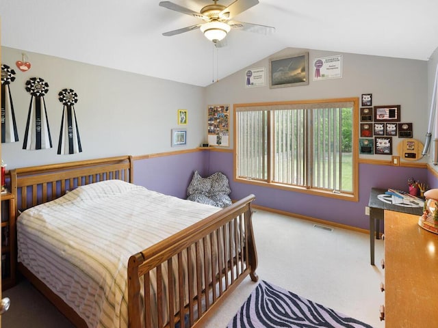 9386 Jennifer Ct, Chisago Lake Twp, MN 55013 - bedroom featuring carpet, lofted ceiling, baseboards, and a ceiling fan