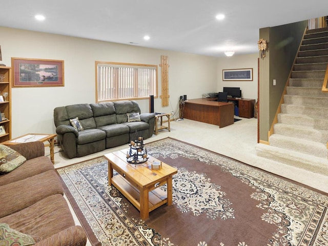 9386 Jennifer Ct, Chisago Lake Twp, MN 55013 - living area with stairs, recessed lighting, and carpet floors