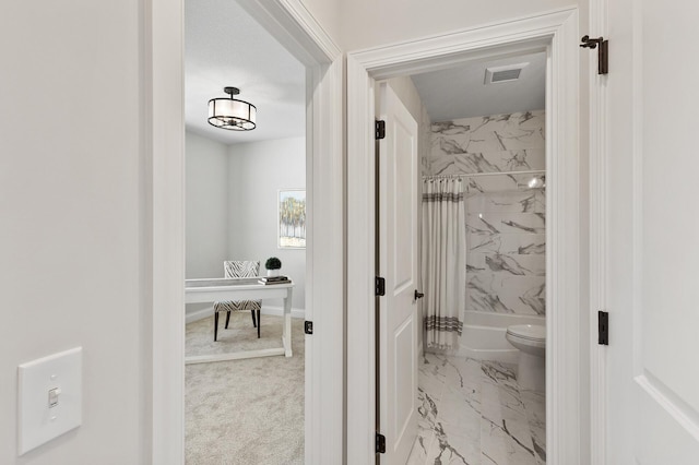 20105 Glenbrook Path, Lakeville, MN 55044 - full bath with marble look tile flooring, shower / bath combination with curtain, and toilet