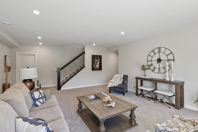 20105 Glenbrook Path, Lakeville, MN 55044 - living room featuring light carpet, stairs, recessed lighting, and baseboards