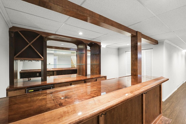 1409 Smith Ave S, West Saint Paul, MN 55118 - bar area with dark wood finished floors, crown molding, recessed lighting, and a paneled ceiling