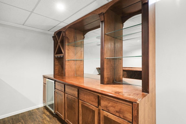 1409 Smith Ave S, West Saint Paul, MN 55118 - detailed view of wood finished floors, wine cooler, crown molding, and a paneled ceiling