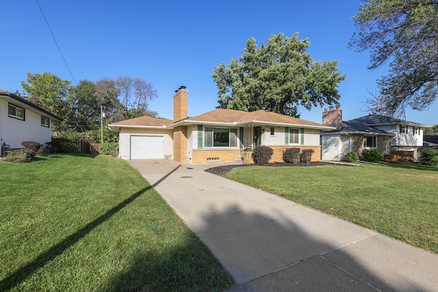 1409 Smith Ave S, West Saint Paul, MN 55118 - view of front of house featuring a chimney, brick siding, driveway, an attached garage, and a front lawn