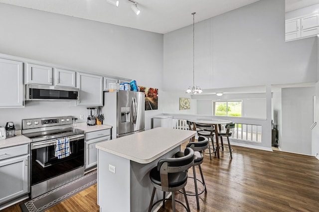 1527 Dublin Ct, Shakopee, MN 55379 - kitchen featuring stainless steel appliances, a high ceiling, light countertops, a center island, and track lighting