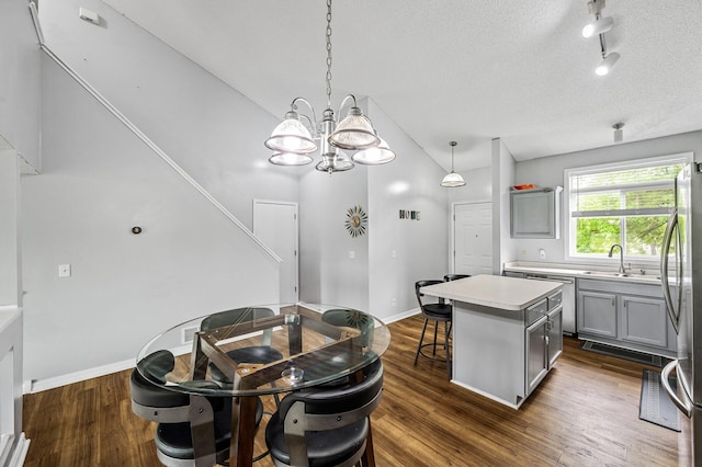 1527 Dublin Ct, Shakopee, MN 55379 - dining room featuring a chandelier, baseboards, dark wood-type flooring, a textured ceiling, and rail lighting