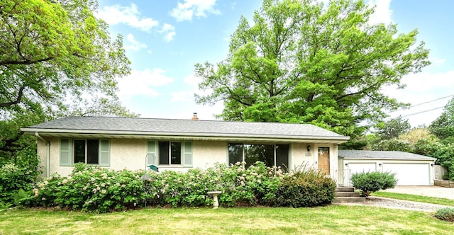 328 County Road B2 W, Roseville, MN 55113 - ranch-style home featuring stucco siding, driveway, a front yard, and a chimney