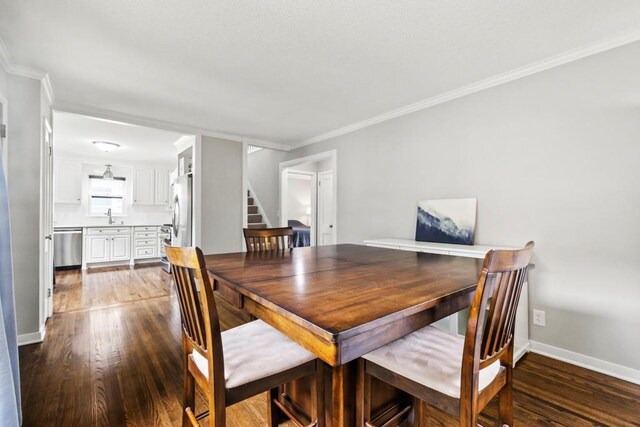 5629 35th Ave S, Minneapolis, MN 55417 - dining area with stairway, dark wood-style floors, crown molding, and baseboards