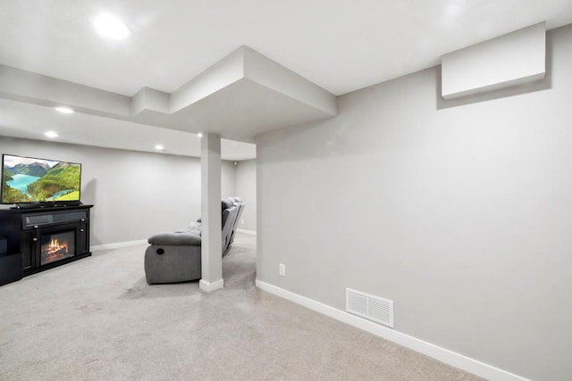5629 35th Ave S, Minneapolis, MN 55417 - finished basement featuring carpet flooring, baseboards, recessed lighting, and a glass covered fireplace