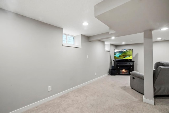5629 35th Ave S, Minneapolis, MN 55417 - living area with recessed lighting, light colored carpet, baseboards, and a lit fireplace