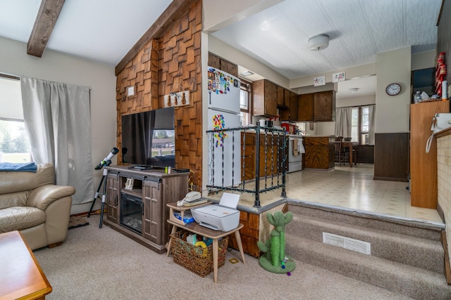 412 Hill Ave, Crookston, MN 56716 - carpeted living room featuring beamed ceiling and wooden walls
