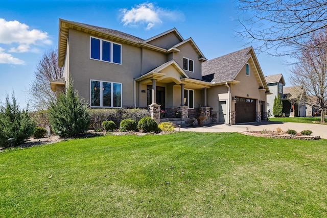 2464 Cottage Grove Dr, Woodbury, MN 55129 - view of front of home featuring stucco siding, driveway, a front yard, covered porch, and stone siding