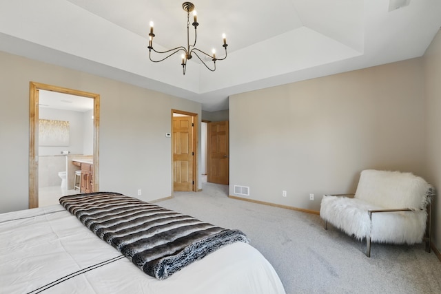 2464 Cottage Grove Dr, Woodbury, MN 55129 - bedroom featuring a chandelier, light carpet, a tray ceiling, baseboards, and ensuite bathroom