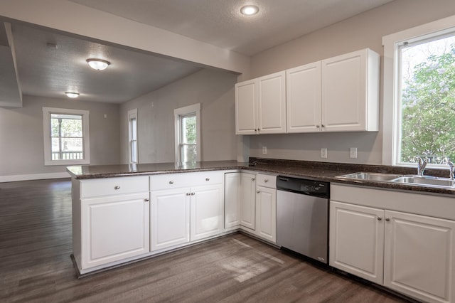 1602 Johnson St NE, Minneapolis, MN 55413 - kitchen with dishwasher, a sink, a peninsula, dark wood-type flooring, and a textured ceiling