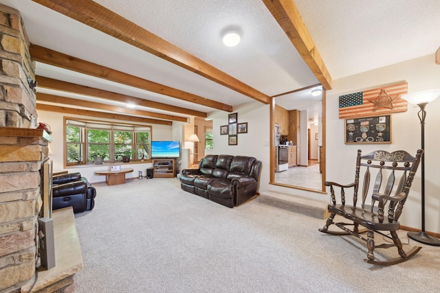 6420 Rolling Hills Rd, Corcoran, MN 55340 - carpeted living room with beamed ceiling, a stone fireplace, and a textured ceiling