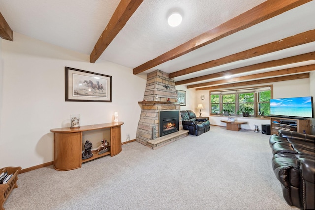 6420 Rolling Hills Rd, Corcoran, MN 55340 - living room with carpet, a stone fireplace, and beam ceiling