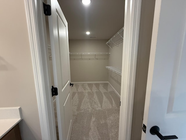walk in closet featuring carpet flooring