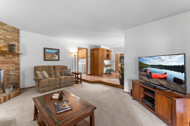 9755 Egret Blvd NW, Coon Rapids, MN 55433 - living room featuring light colored carpet, a fireplace, and washer / clothes dryer