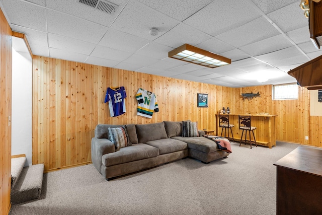 9755 Egret Blvd NW, Coon Rapids, MN 55433 - carpeted living area featuring wooden walls, a paneled ceiling, and a bar