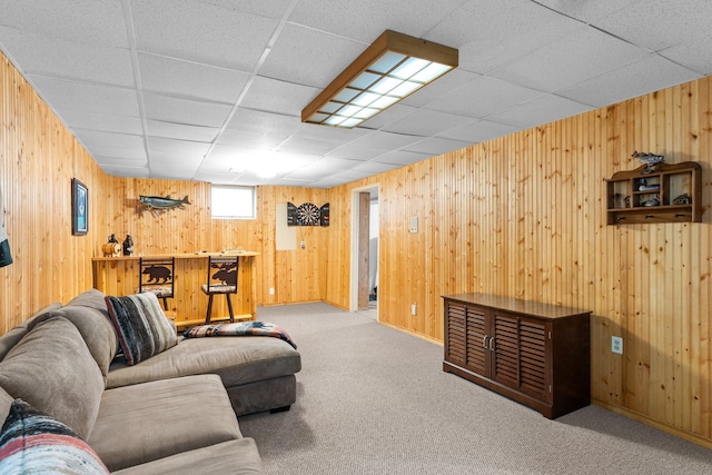 9755 Egret Blvd NW, Coon Rapids, MN 55433 - living room with carpet, wooden walls, and a paneled ceiling