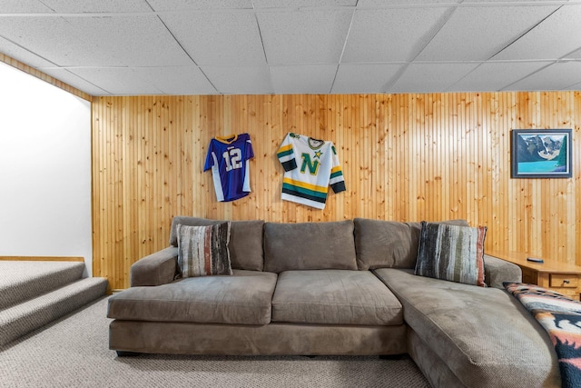 9755 Egret Blvd NW, Coon Rapids, MN 55433 - carpeted living room featuring a drop ceiling and wooden walls