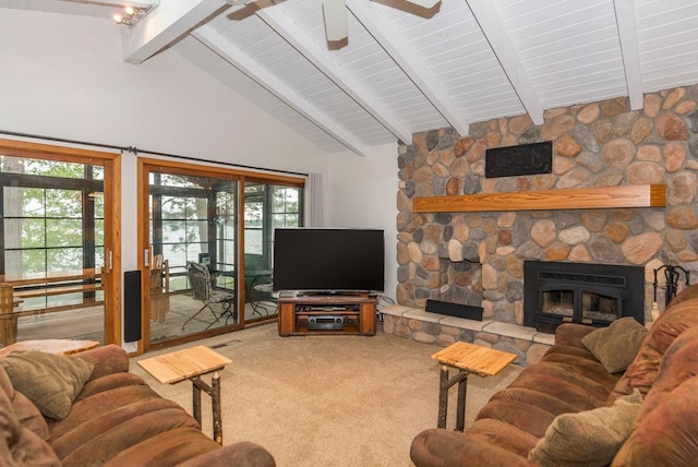 22855 Lake Hubert Dr, Lake Edward Twp, MN 56401 - living area featuring carpet, a fireplace, wood ceiling with exposed beams, ceiling fan, and high vaulted ceiling