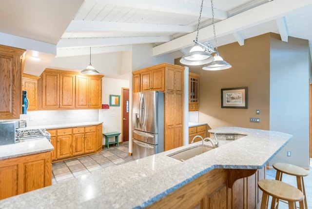 22855 Lake Hubert Dr, Lake Edward Twp, MN 56401 - kitchen with stainless steel refrigerator with ice dispenser, a sink, tasteful backsplash, light stone counters, and a breakfast bar area