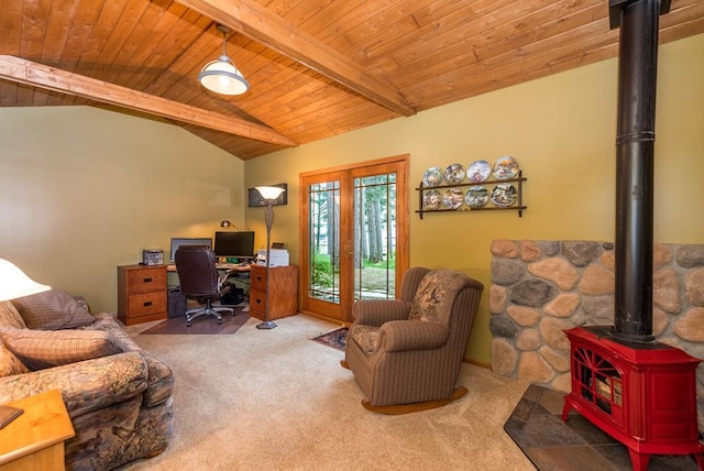 22855 Lake Hubert Dr, Lake Edward Twp, MN 56401 - carpeted home office featuring a wood stove and wooden ceiling