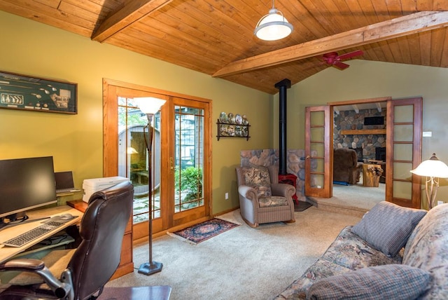 22855 Lake Hubert Dr, Lake Edward Twp, MN 56401 - carpeted office with a wood stove, wood ceiling, and french doors