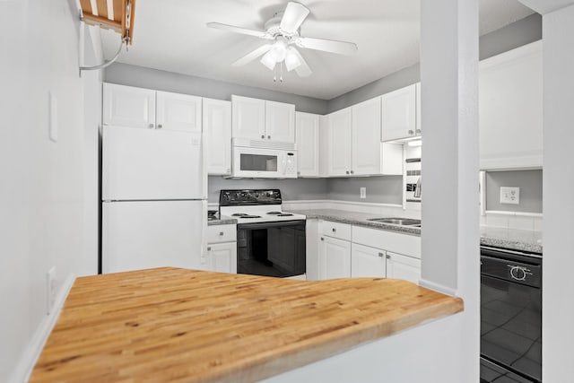3425 Golfview Dr Unit 308, Eagan, MN 55123 - kitchen featuring white appliances, wood counters, a ceiling fan, white cabinets, and tile patterned floors
