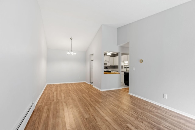 3425 Golfview Dr Unit 308, Eagan, MN 55123 - unfurnished living room with a baseboard radiator, light wood-style flooring, baseboards, a chandelier, and high vaulted ceiling