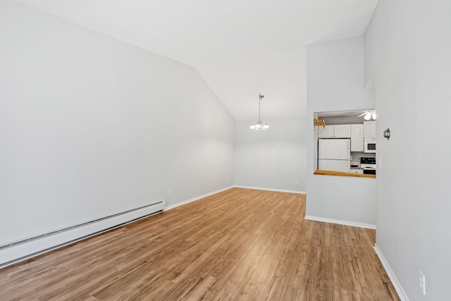 3425 Golfview Dr Unit 308, Eagan, MN 55123 - unfurnished living room with a baseboard heating unit, light wood-type flooring, lofted ceiling, a chandelier, and baseboards