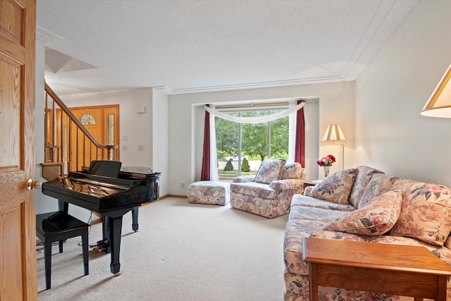 12351 Holly St NW, Coon Rapids, MN 55448 - carpeted living area featuring a textured ceiling and stairs
