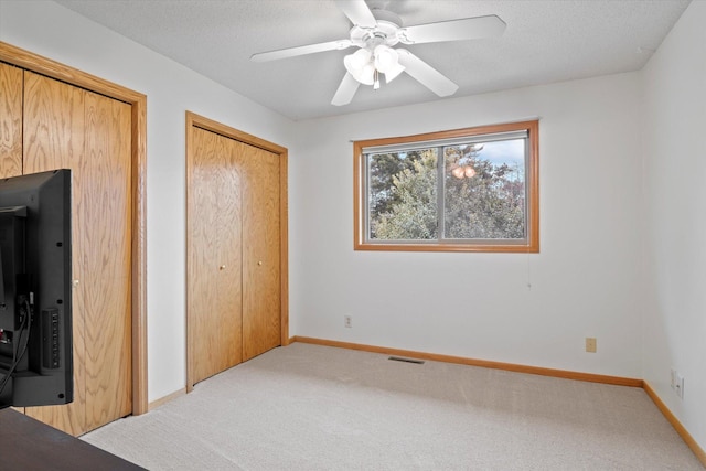 12351 Holly St NW, Coon Rapids, MN 55448 - unfurnished bedroom featuring light colored carpet, baseboards, ceiling fan, two closets, and a textured ceiling