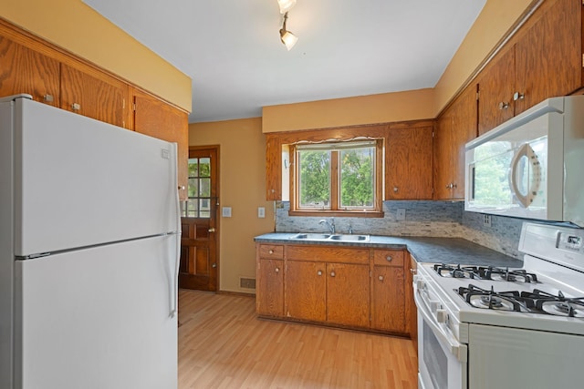 3801 Vandan Rd, Minnetonka, MN 55345 - kitchen featuring white appliances, a sink, brown cabinets, and light wood-type flooring