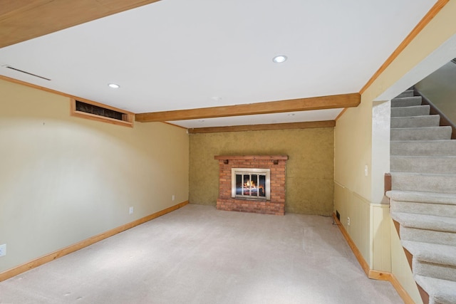 3801 Vandan Rd, Minnetonka, MN 55345 - unfurnished living room with stairs, carpet flooring, beamed ceiling, recessed lighting, and a brick fireplace