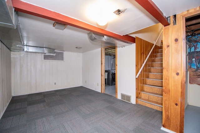 1904 Saunders Ave, Saint Paul, MN 55116 - finished below grade area with washing machine and clothes dryer, stairway, carpet, and wood walls
