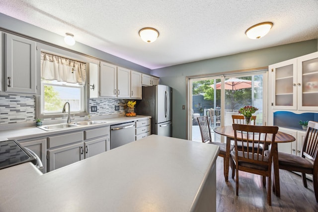 1435 104th Ln NW, Coon Rapids, MN 55433 - kitchen featuring a sink, stainless steel appliances, a textured ceiling, dark wood-style floors, and decorative backsplash